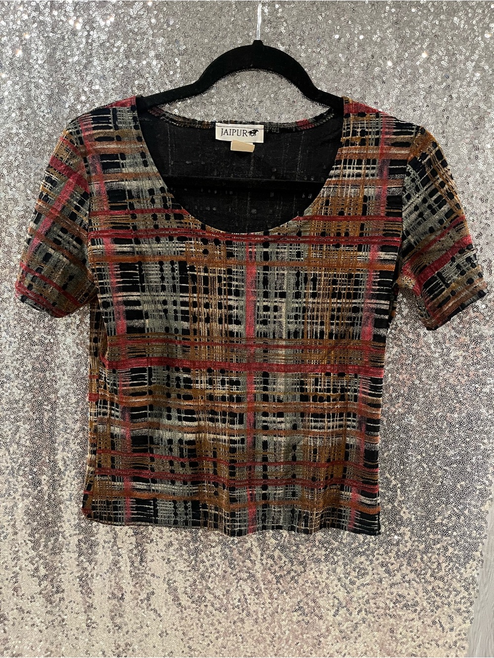 Jaipur Plaid Short Sleeve Scoop Neck Top in Red, Gold, Black, Gray